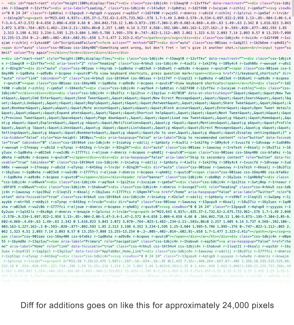 Screenshot of file diff showing how much content was added in the react-root element on page load.