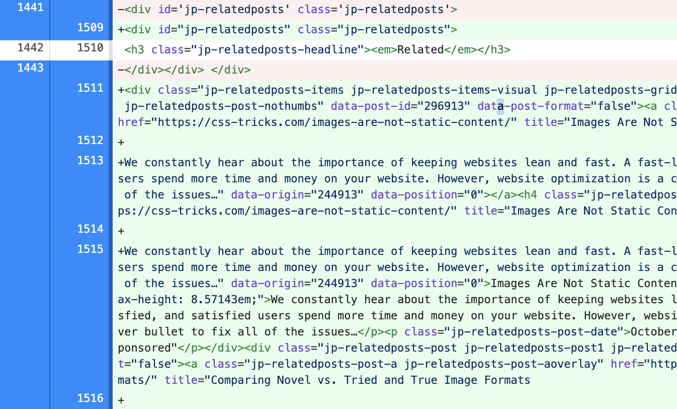 Screenshot of file diff showing related post content injected into a placeholder.