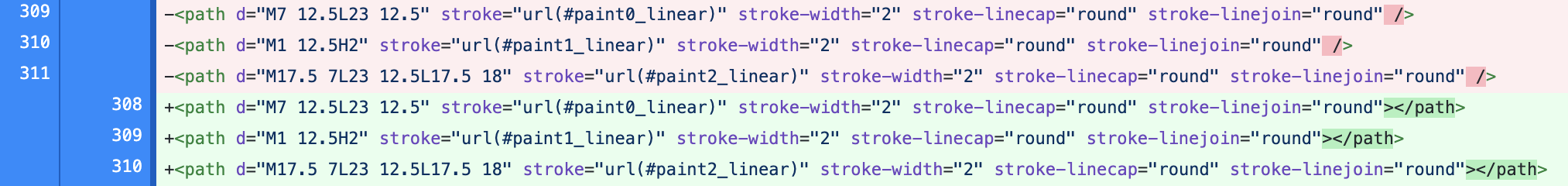 Screenshot of file diff showing how SVG tags were converted to explicitly closed tag instead of an self closed tag.