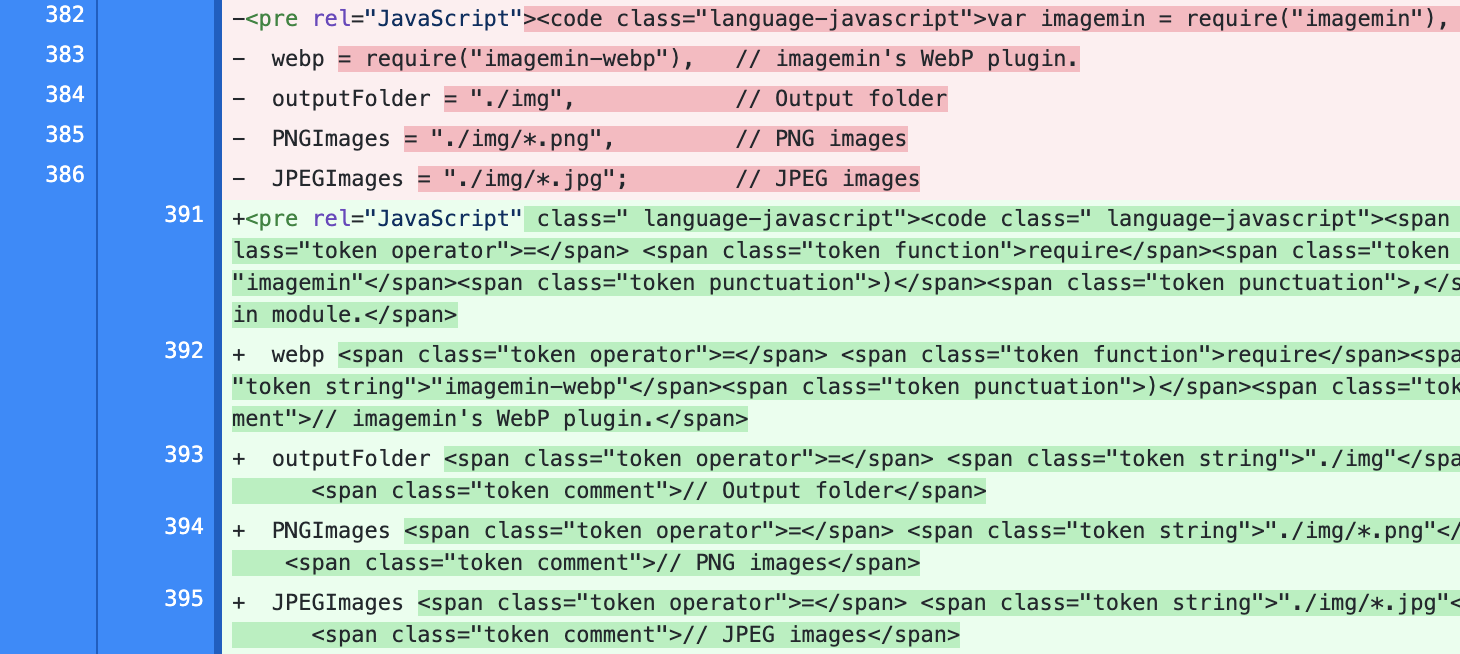 Screenshot of file diff showing client-side HTML additions for syntax highlighting.