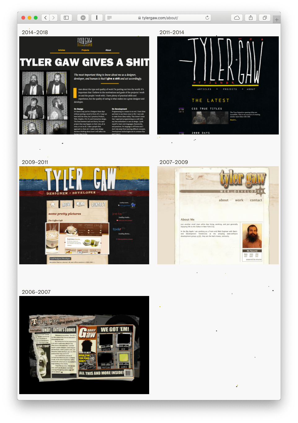 Screenshot of website version history on tylergaw.com