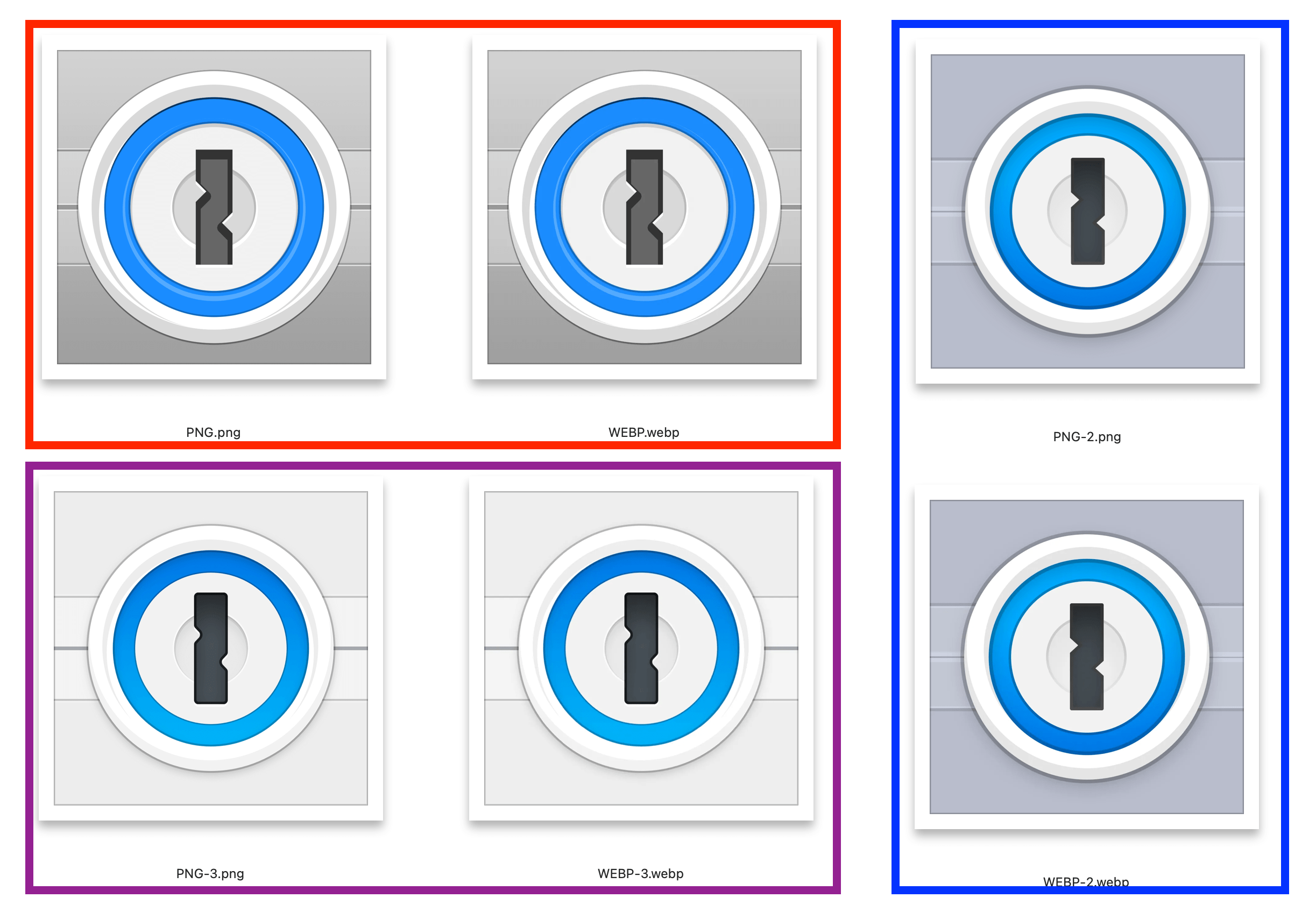 3 versions of the 1Password icon, each with a PNG and WEBP version, illustrating how well the compression worked for icons design with a “flat” aesthetic.