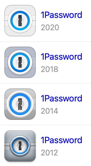 iOS icons for 1Password from 2020, 2018, 2014, and 2012 which show how the icon’s aesthetic has changed over time.