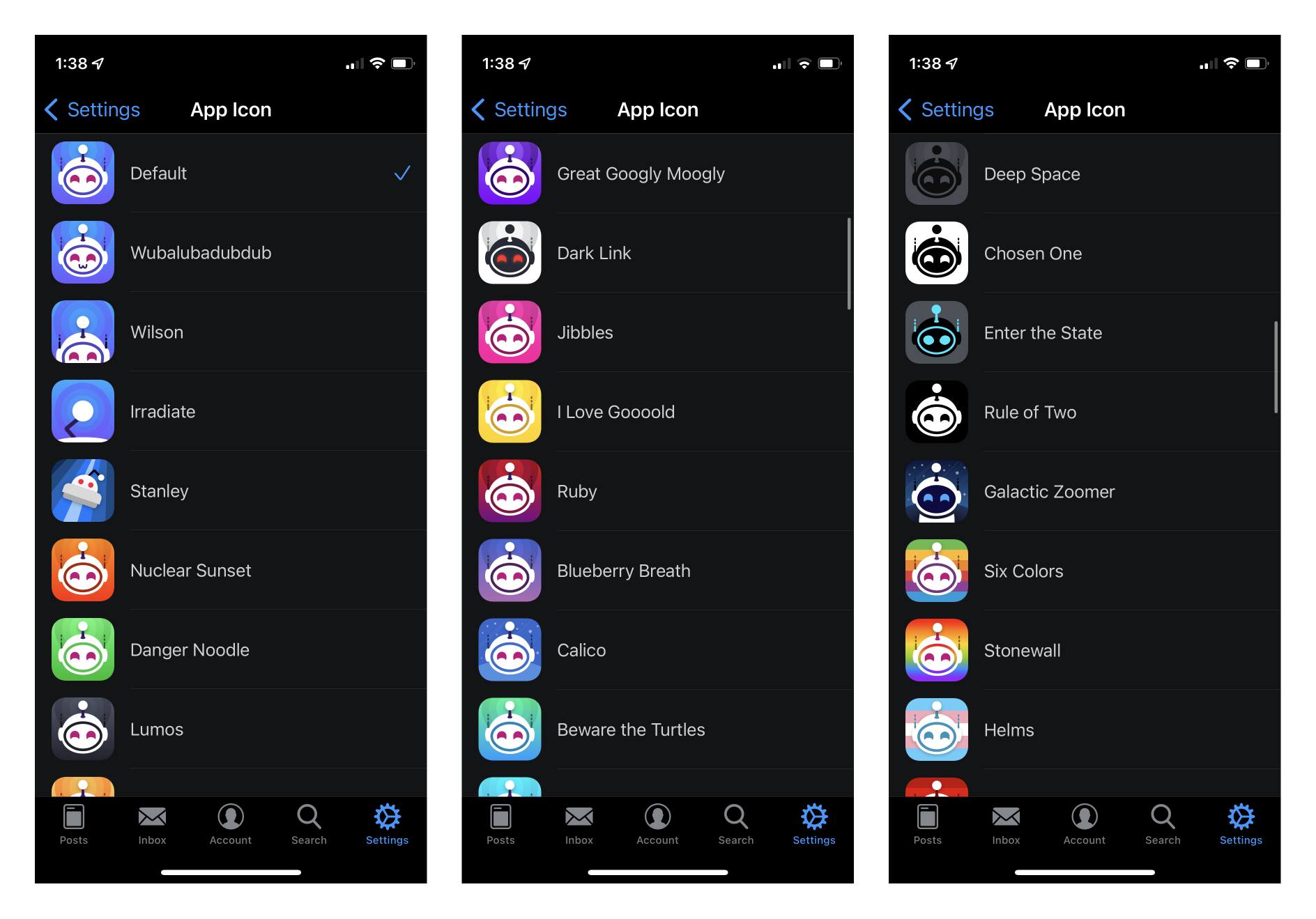 Screenshot of custom icons in the Apollo app.