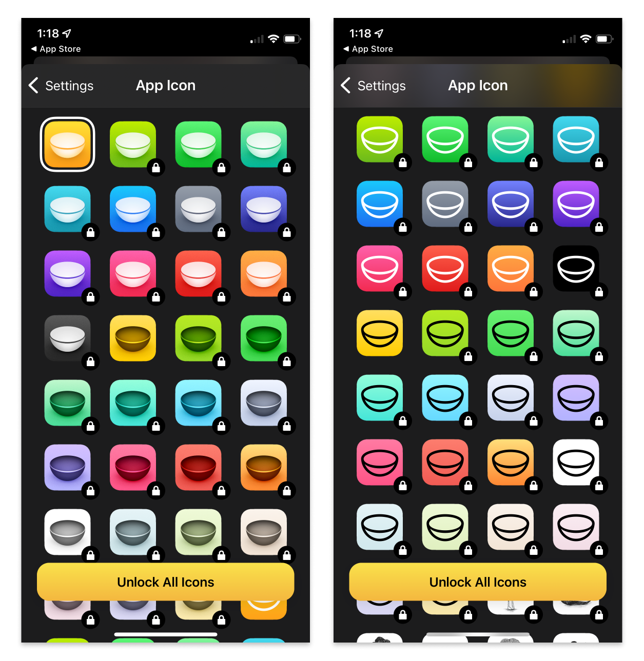 Screenshot of all the custom app icon variations in Plantry.