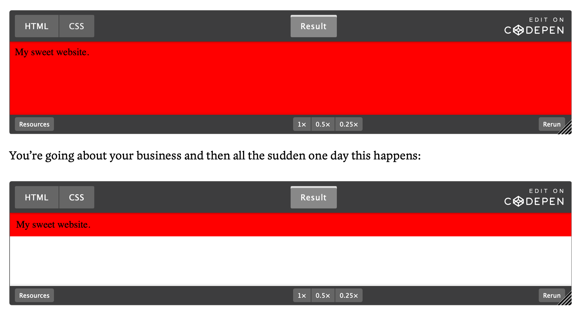 Screenshot of a webpage where the entire page is red vs. one where only a part of the webpage is red.