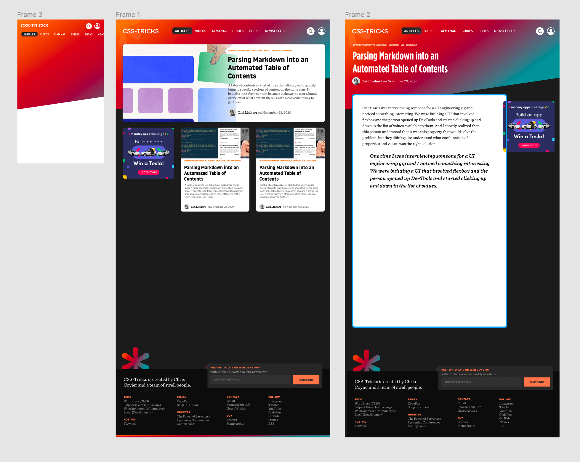 Screenshot from the redesign of CSS-Tricks showing incomplete high-fidelity designs in Figma.