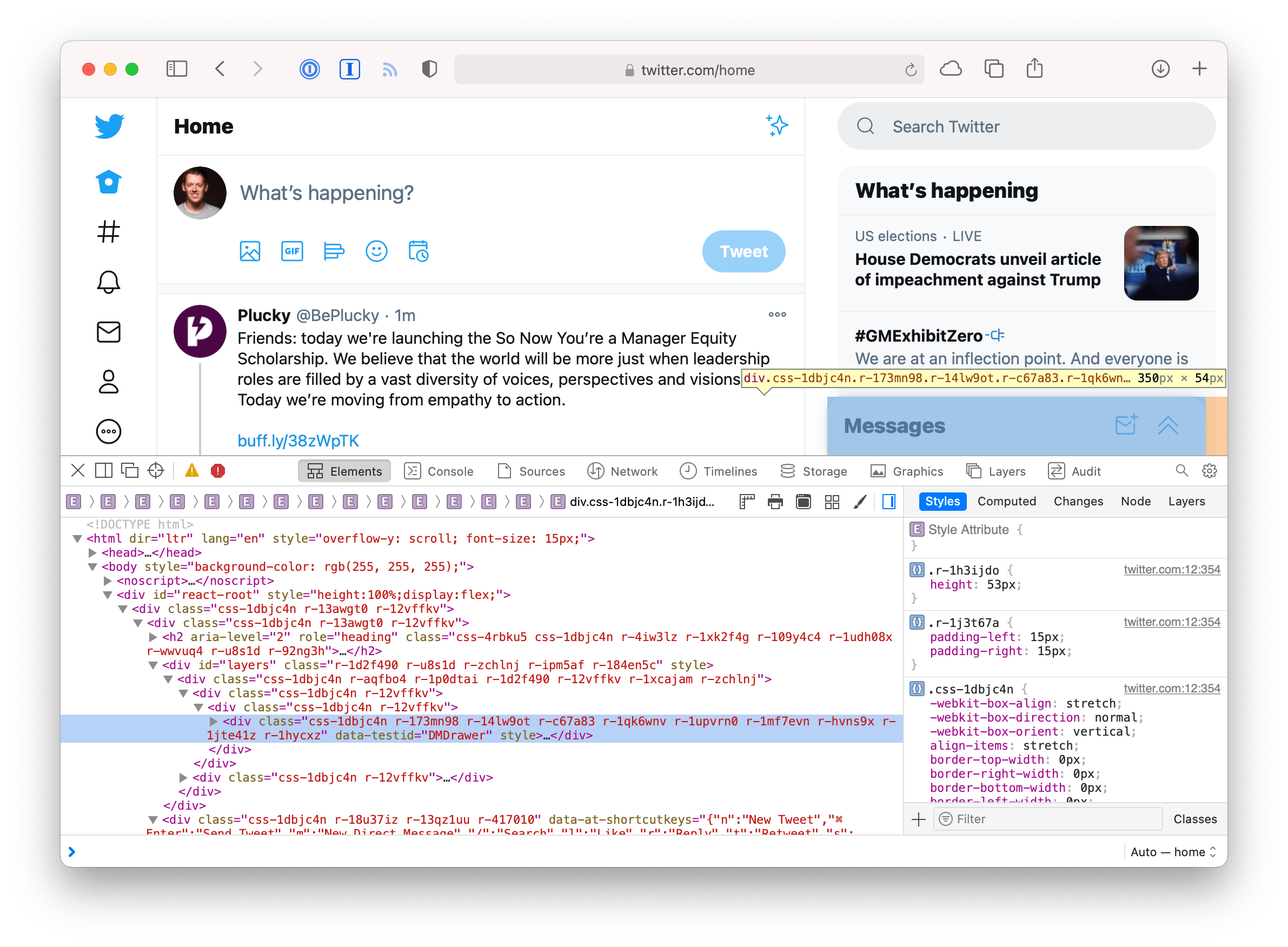 Screenshot of twitter.com in Safari with the developer tools open and targeting a parent DOM node of the right sidebar.