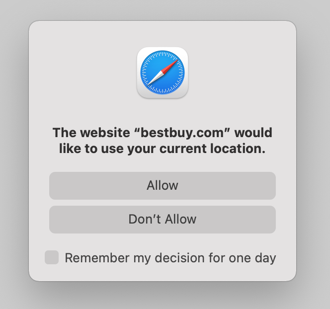 Safari on macOS prompt asking for permission to use your current location.