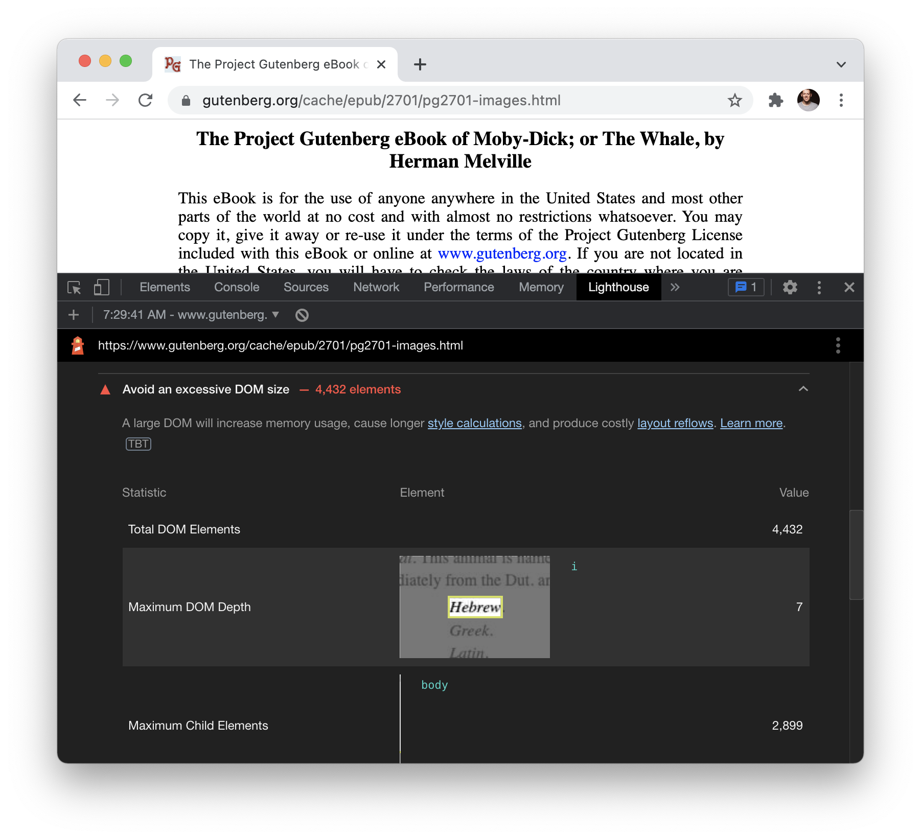 Screenshot of the Lighthouse dev tool flagging the large DOM size for ‘Moby Dick’ on Project Gutenburg.