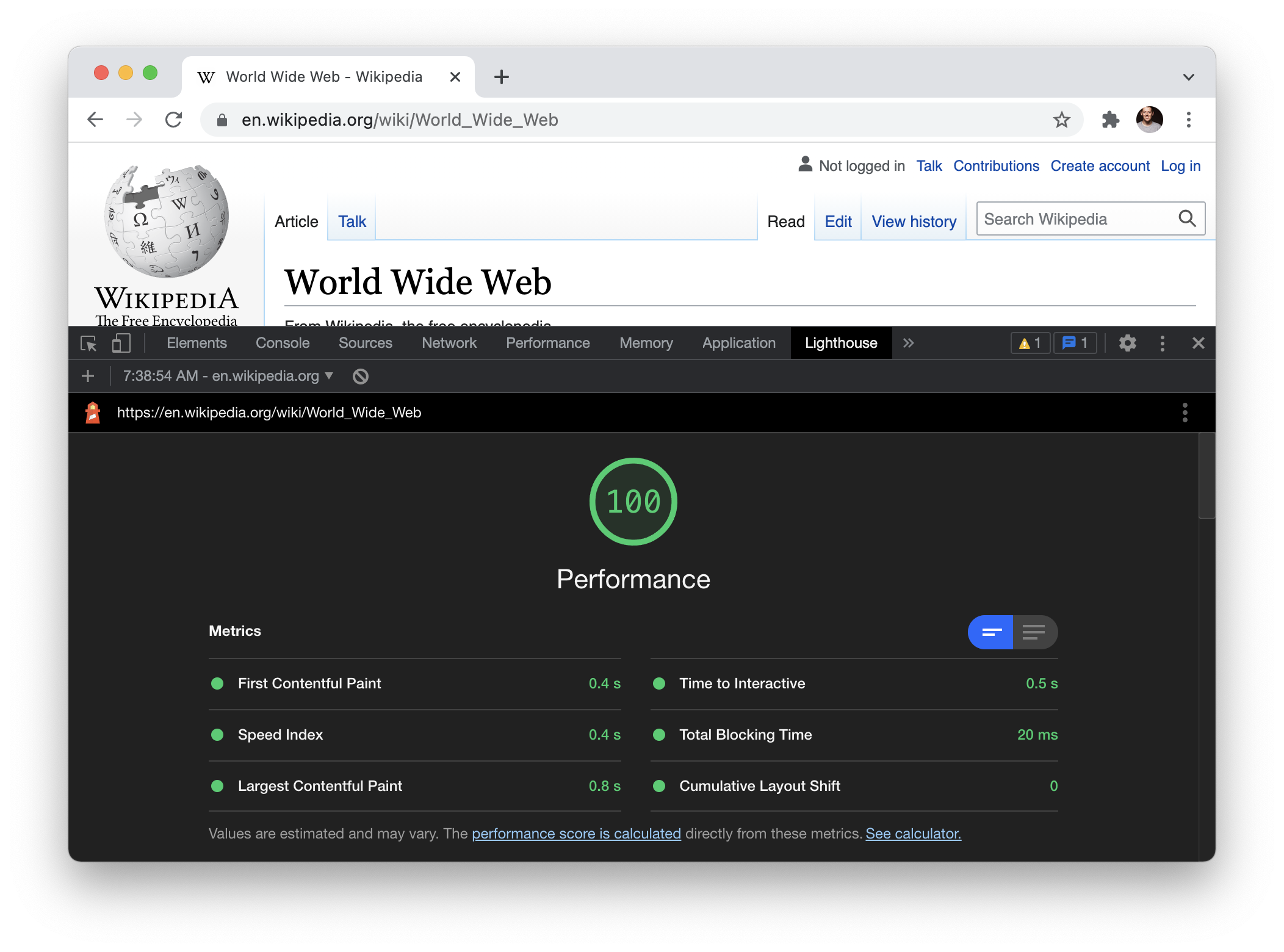 Screenshot of the World Wide Web entry on Wikipedia in Chrome with the Lighthouse dev tools open showing a performance score of 100.