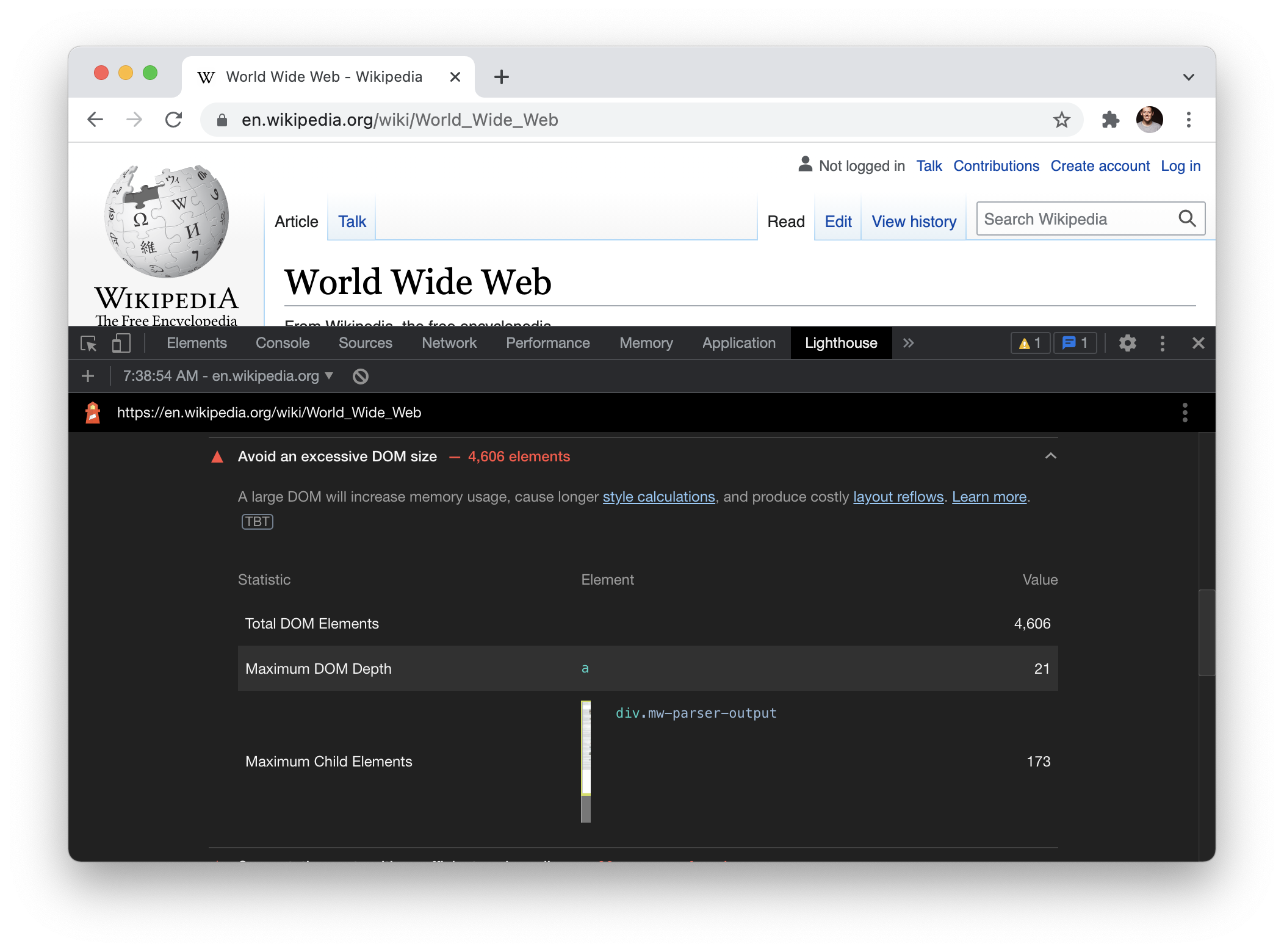 Screenshot of the World Wide Web entry on Wikipedia in Chrome with the Lighthouse dev tools open showing a warning about the size of the DOM.