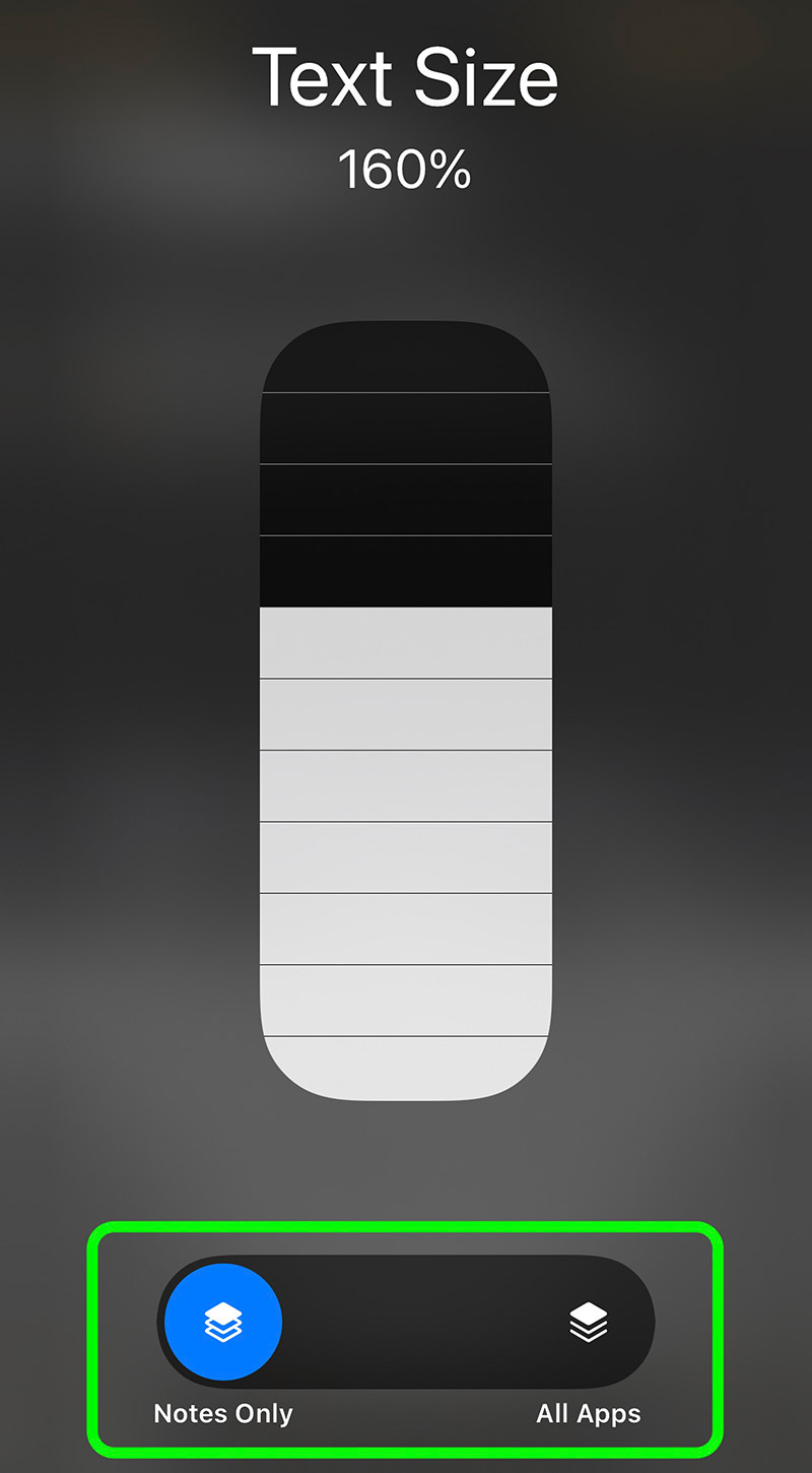 Screenshot of the text size preference in the control center of iOS 15, showing the option to control font size at the system or app level.