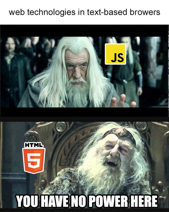 A picture of the ‘you have no power here’ meme where JS is the one that has no power of HTML.