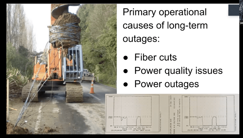 Screenshot of a video presentation showing a drill that has dug up a fiber optic cable.