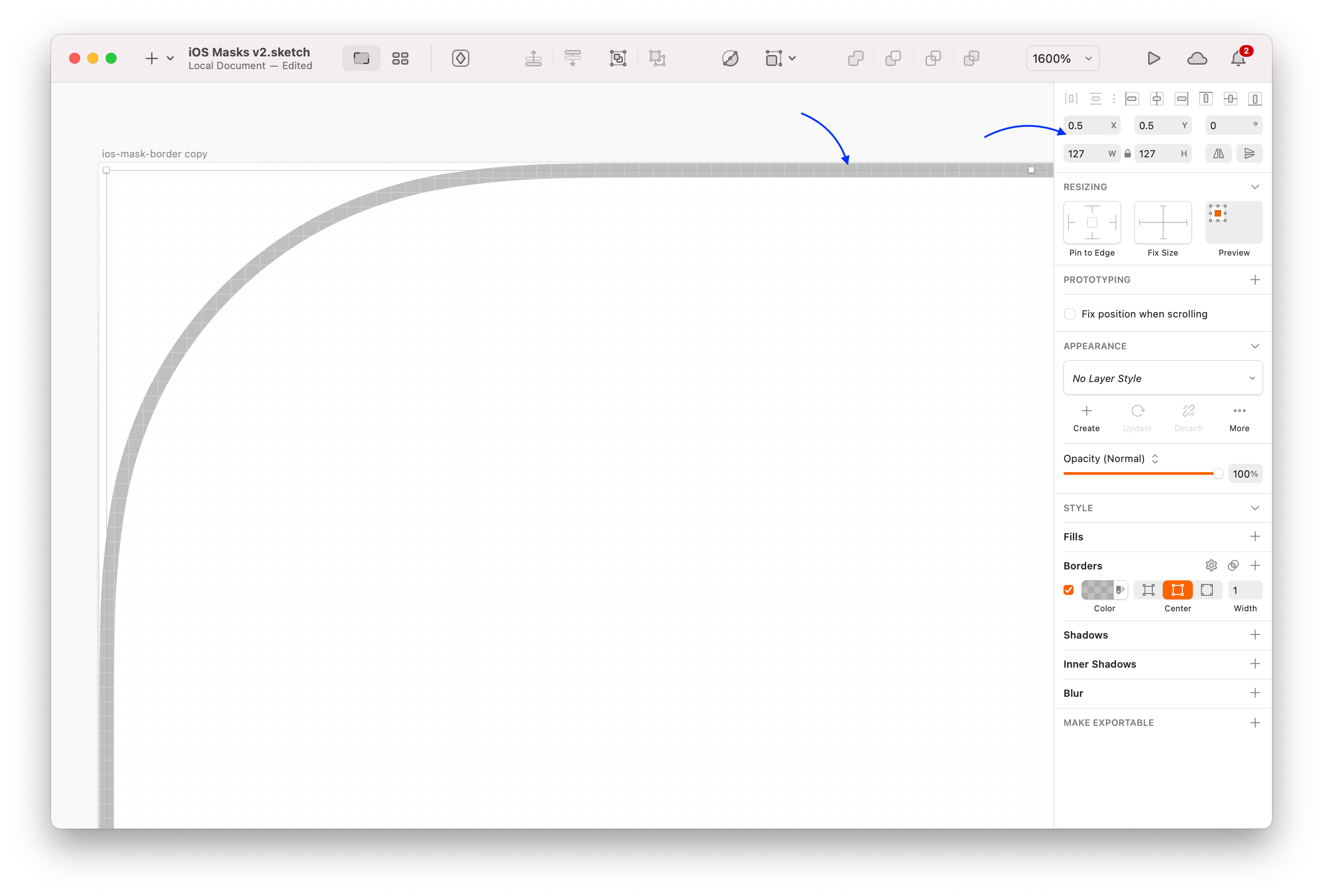 Screenshot of Sketch showing a vector stroke aligned on a half pixel edge.