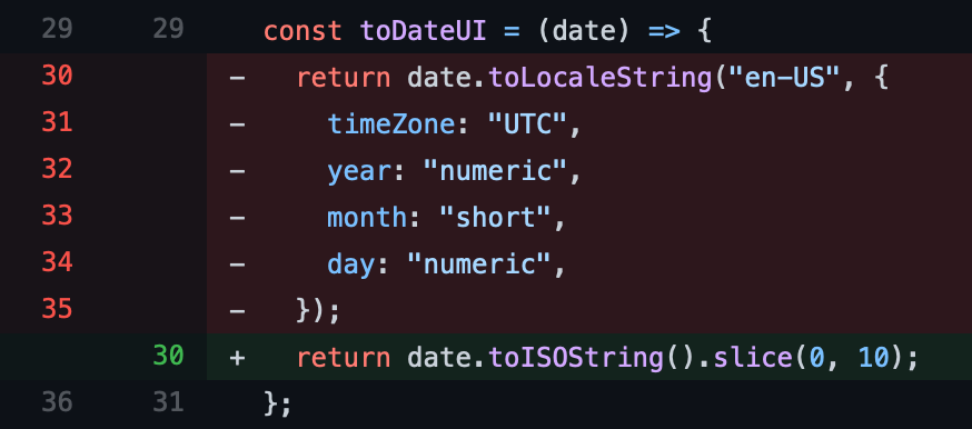 Screenshot of a git diff showing a function change from using `.toLocaleString` to `.toISOString()` to format a date.