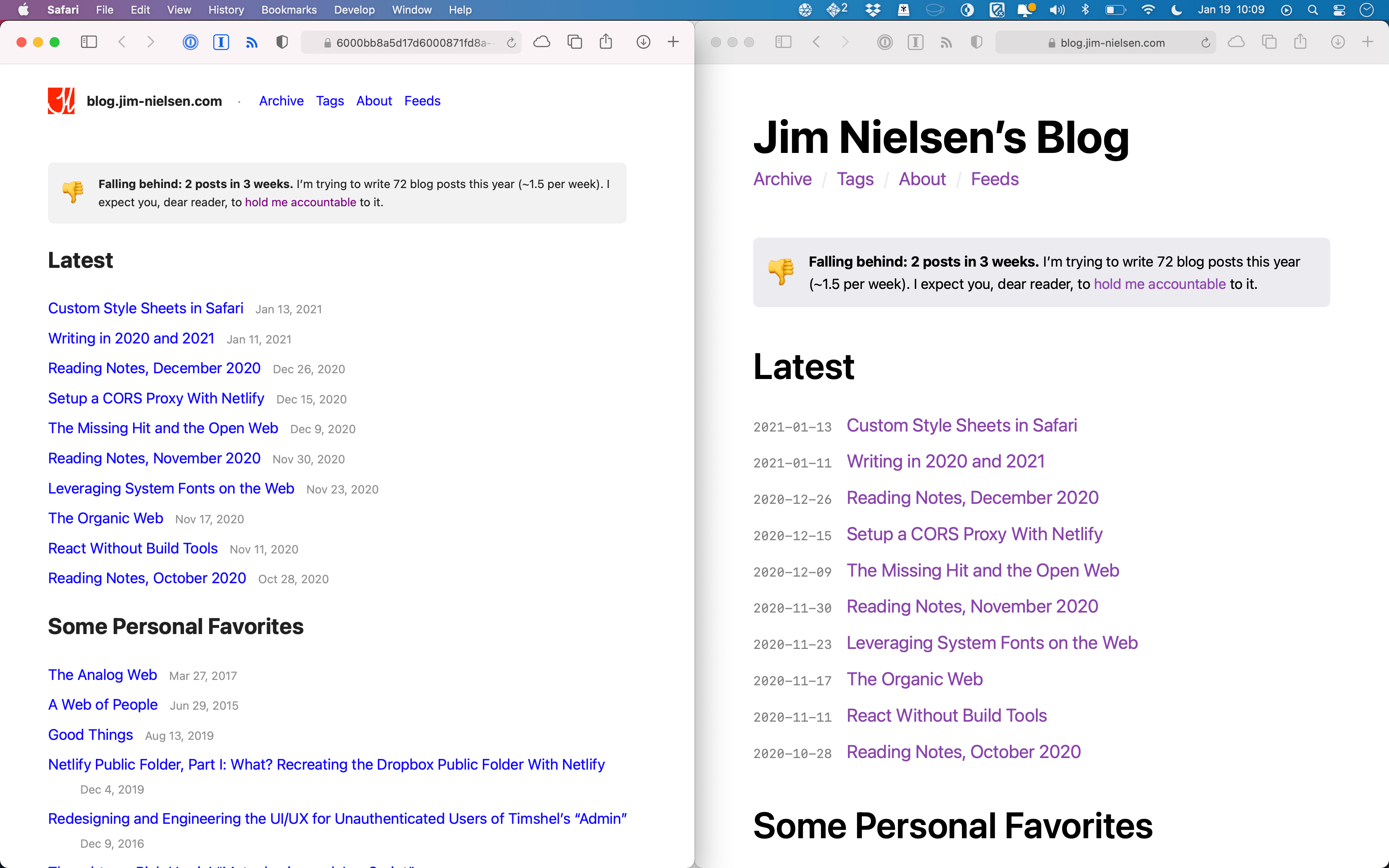 Side-by-side screenshots of blog.jim-nielsen.com, showing how the date formats changed position between the old and new designs.
