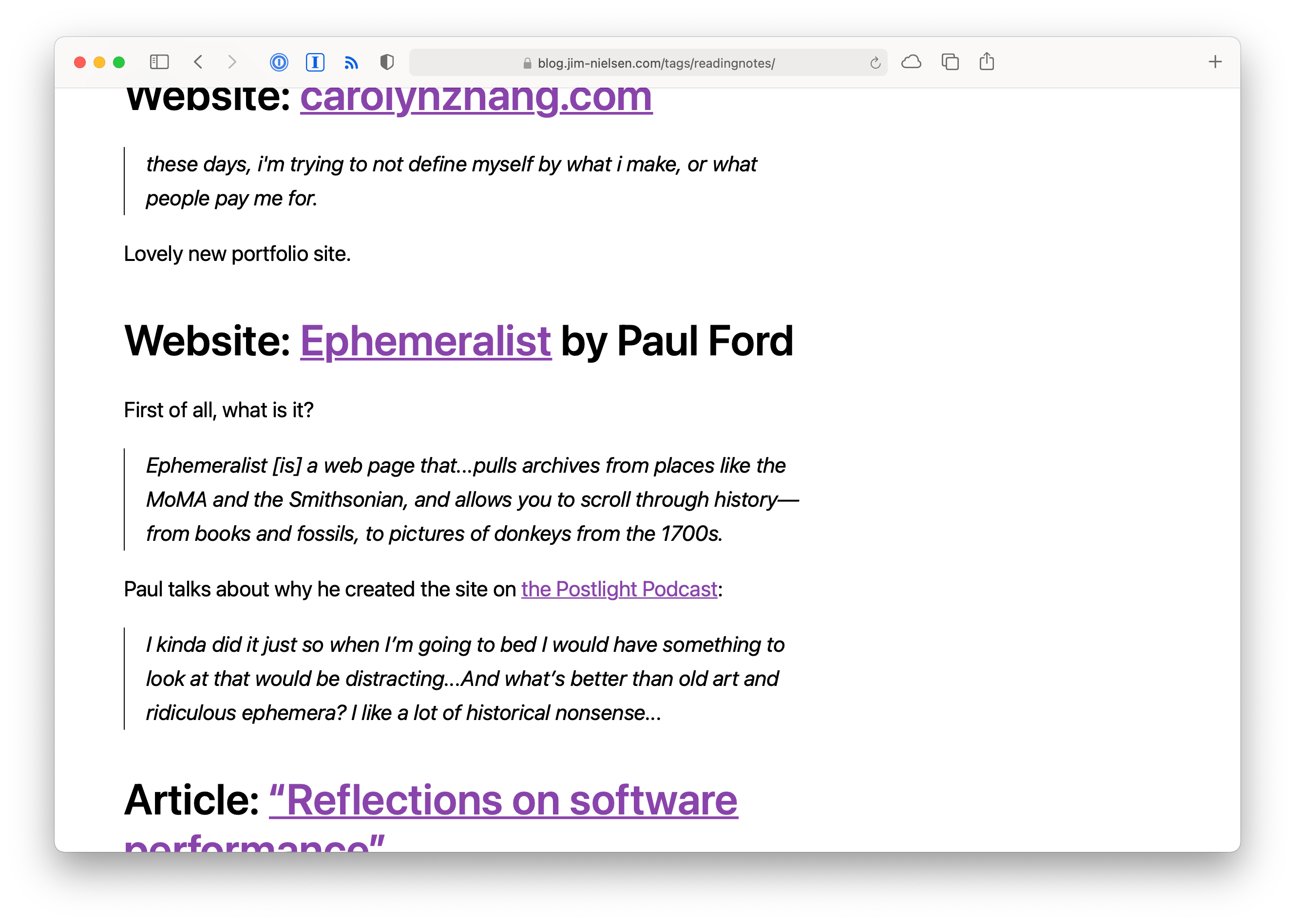 Screenshot of blog.jim-nielsen.com/tags/readingNotes.