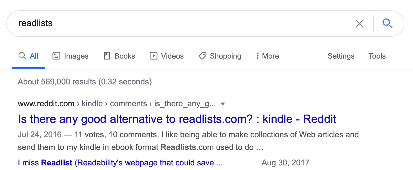 Screenshot of the top search result on Google for the word “readlist” (circa December 2020).