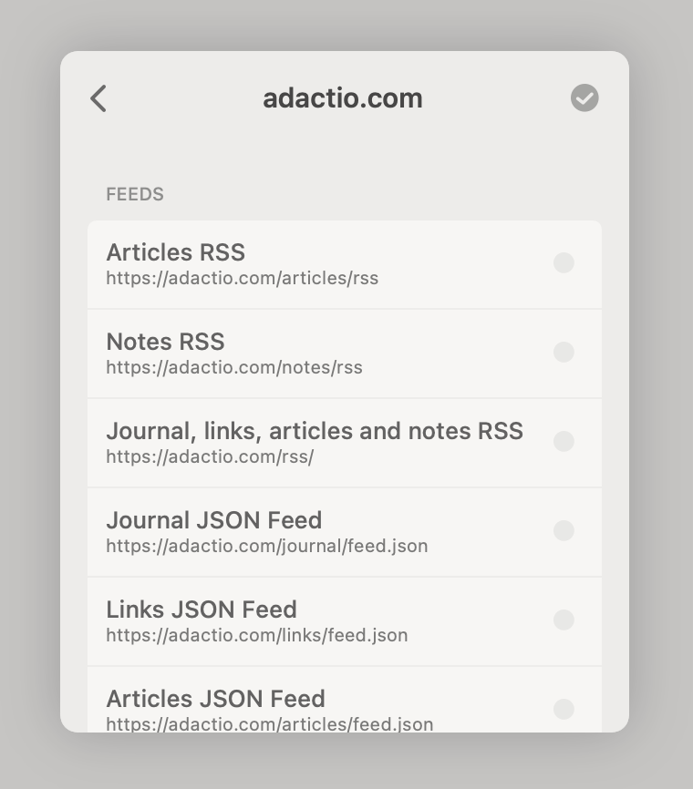 Screenshot of the Reeder app’s autodiscovery of the feed URLs on adactio.com