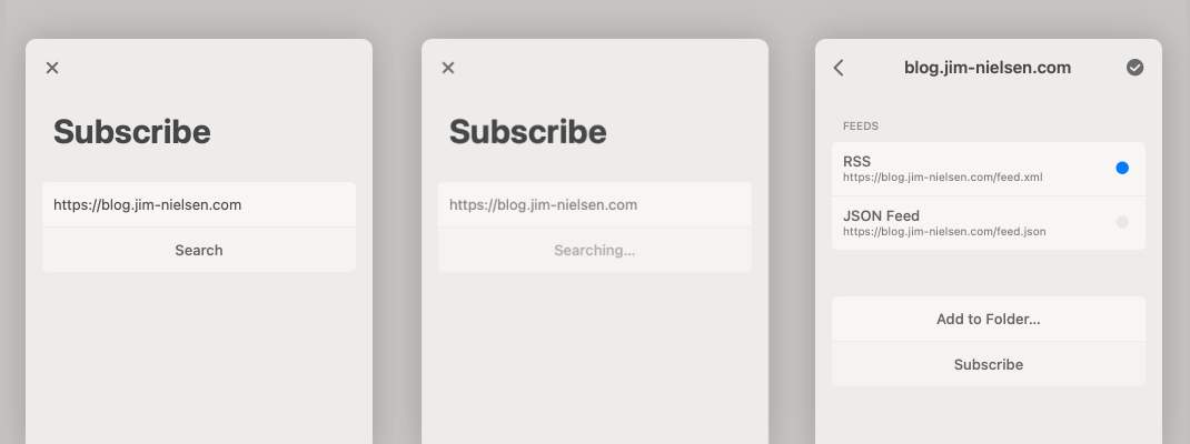 Screenshots of the Reeder app when going through the user flow of adding an RSS feed.