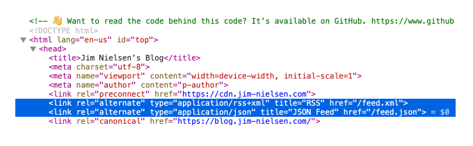 Screenshot of the HTML on blog.jim-nielsen.com with the RSS feed link elements defined.