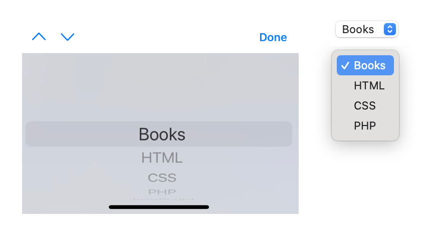 Screenshot of a select menu’s interaction paradigms on iOS (a keyboard replacement) vs. macOS (a dropdown).