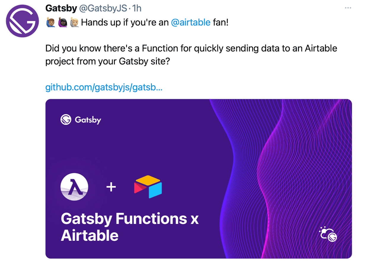 Screenshot of a tweet with a large image that is mostly filler visual content and the text “Gatsby Functions x Airtable”