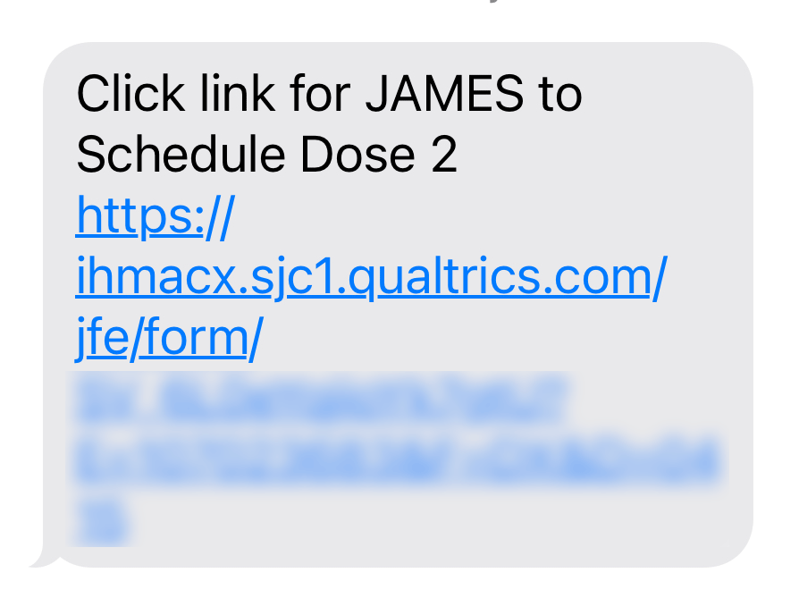 Screenshot of a text in iMessage with a link to sign up for an appointment.