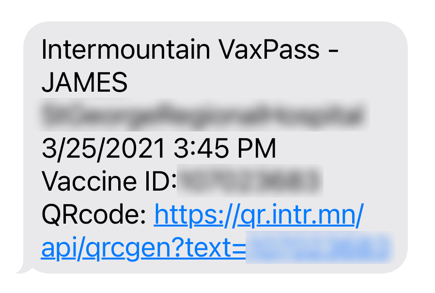 Screenshot of a text in iMessage showing vaccine info and a link.