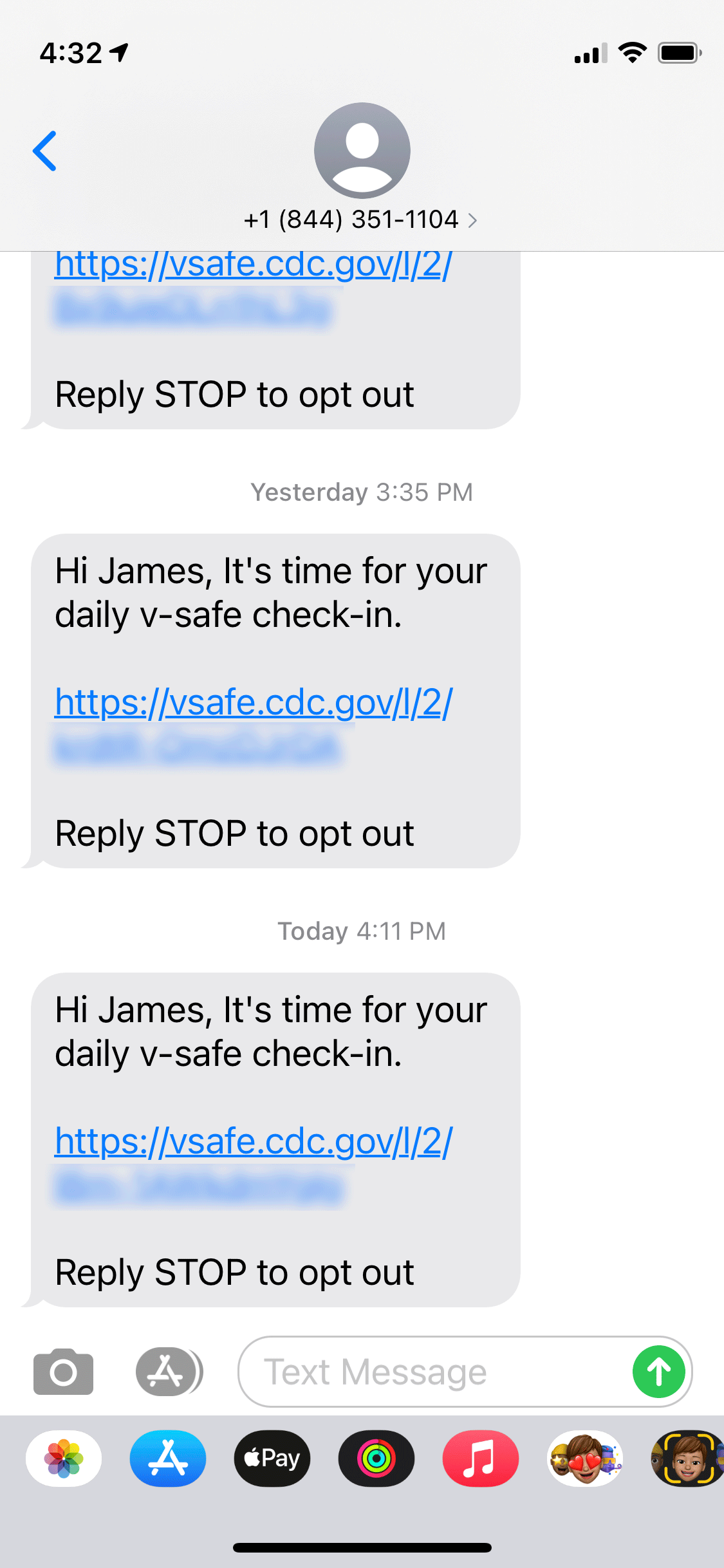 Screenshot of iMessage with a number of texts with a URL for daily check ins.