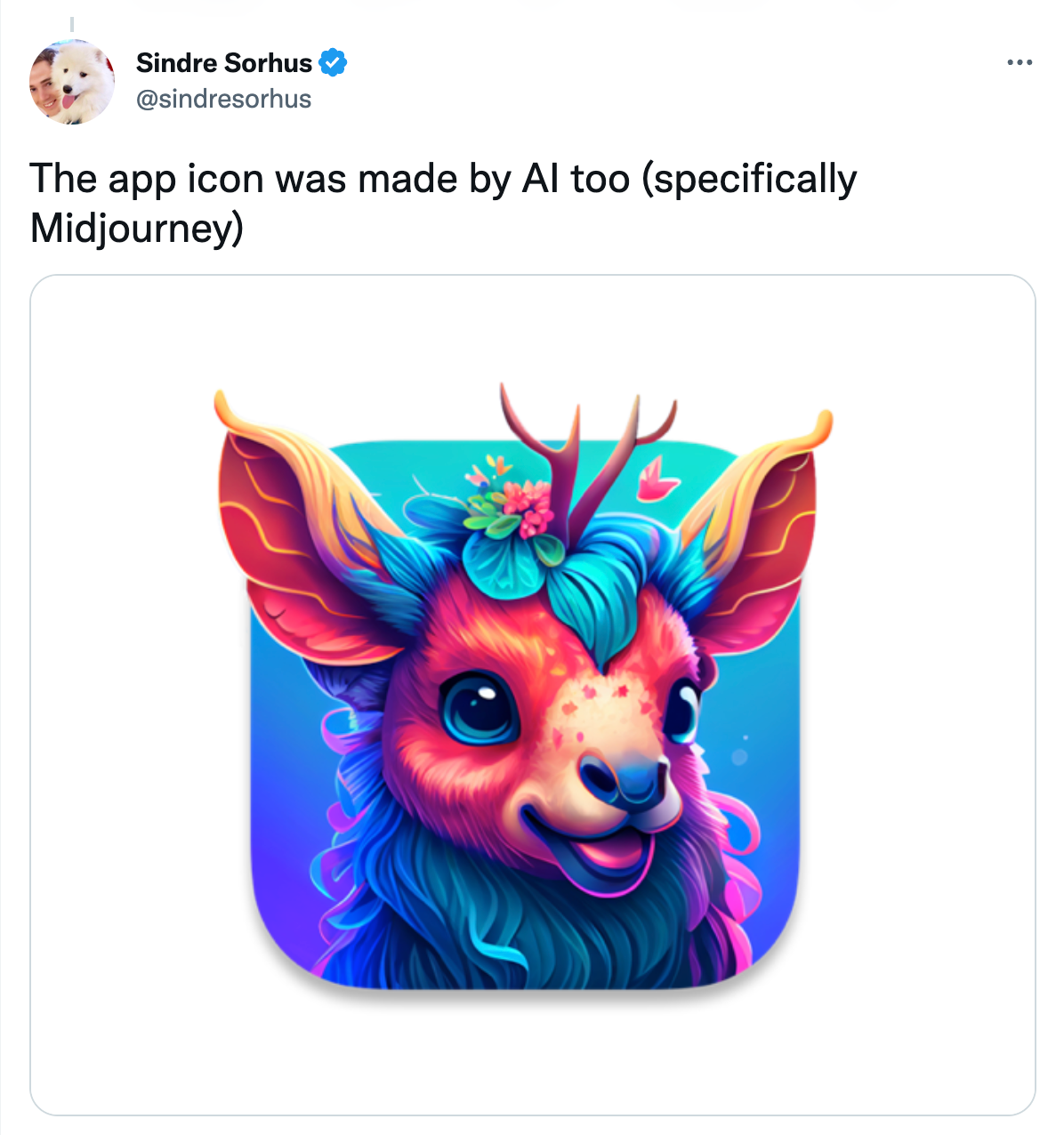 Screenshot of a tweet from @sindresorhus showing a fantasy, deer-like creature for a macOS app icon made with AI.