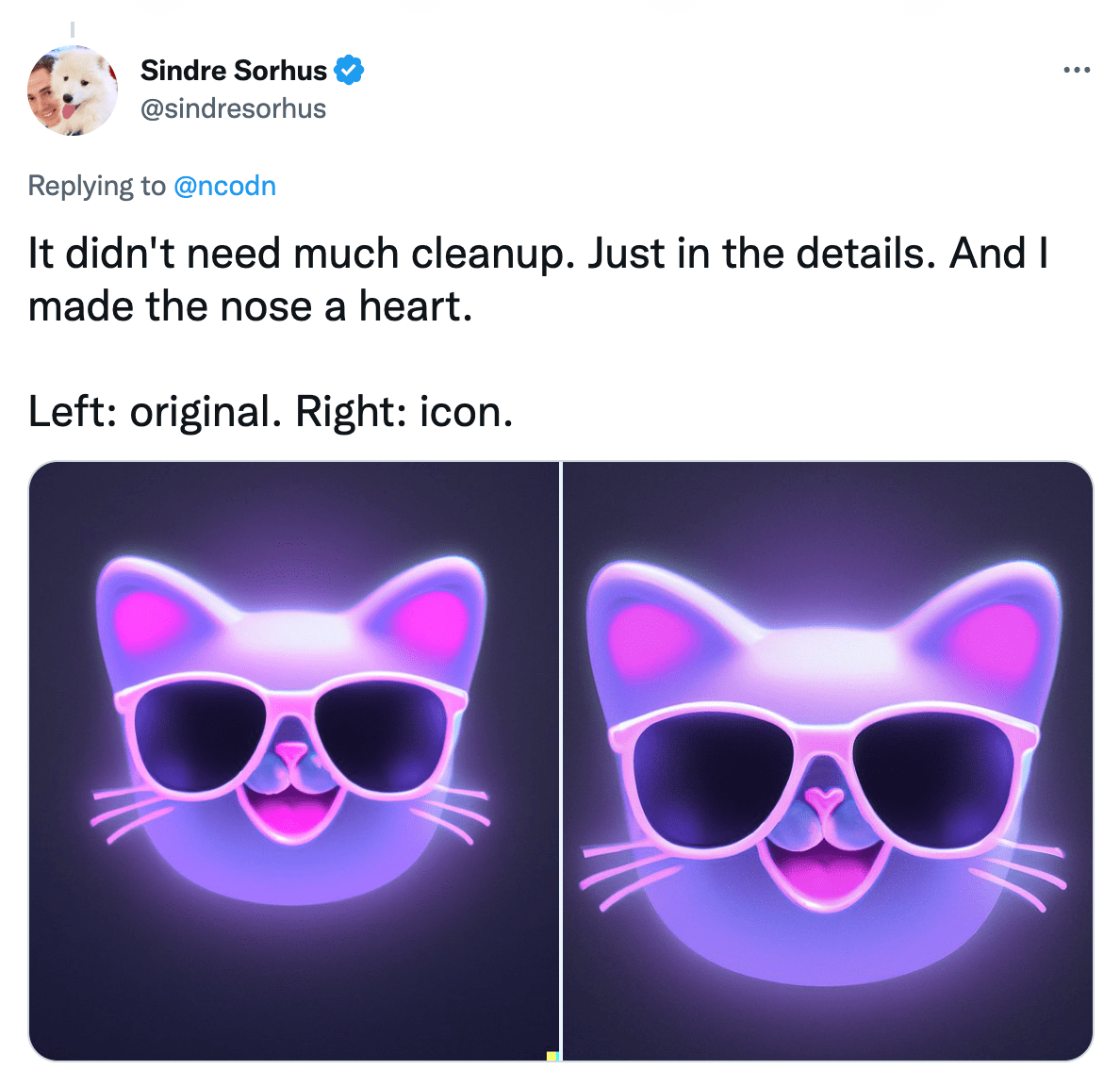Screenshot of a tweet from @sindresorhus showing a glowing cat app icon he made with AI.