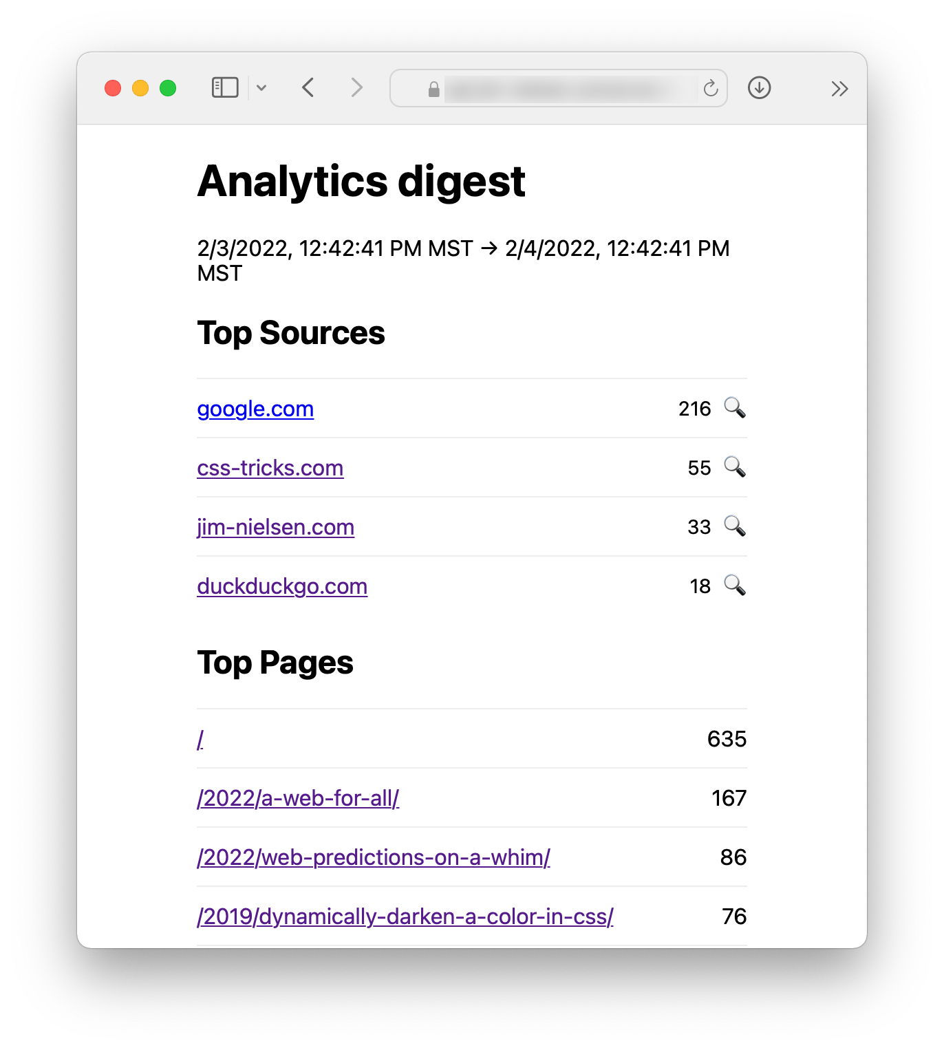 Screenshot of my analytics email returning HTML at a URL in the browser.