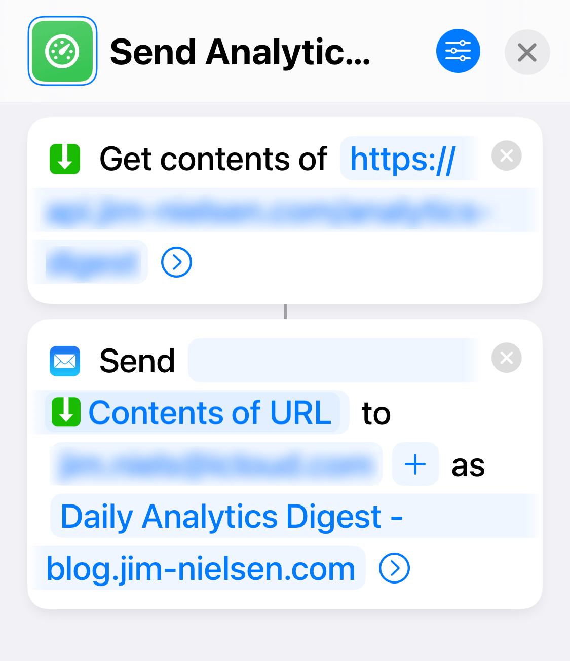 Screenshot of an iOS shortcut that takes the contents of a URL and sends it via an email.