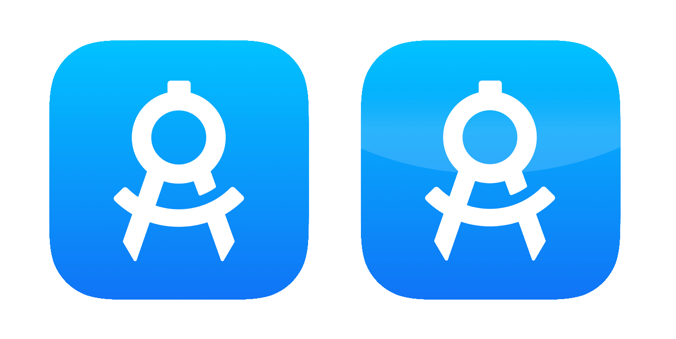 Two identical blue iOS icons side-by-side, one has the “gloss” effect overlaid on the icon to illustrate the system gloss affect applied by earlier versions of iOS.
