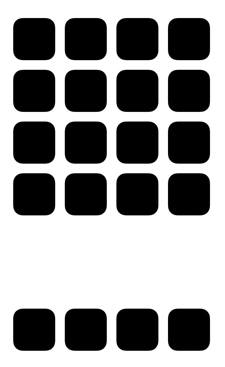 A grid of black icons on a white backgrounding, resembling the silhouette of the iPhone’s springboard.