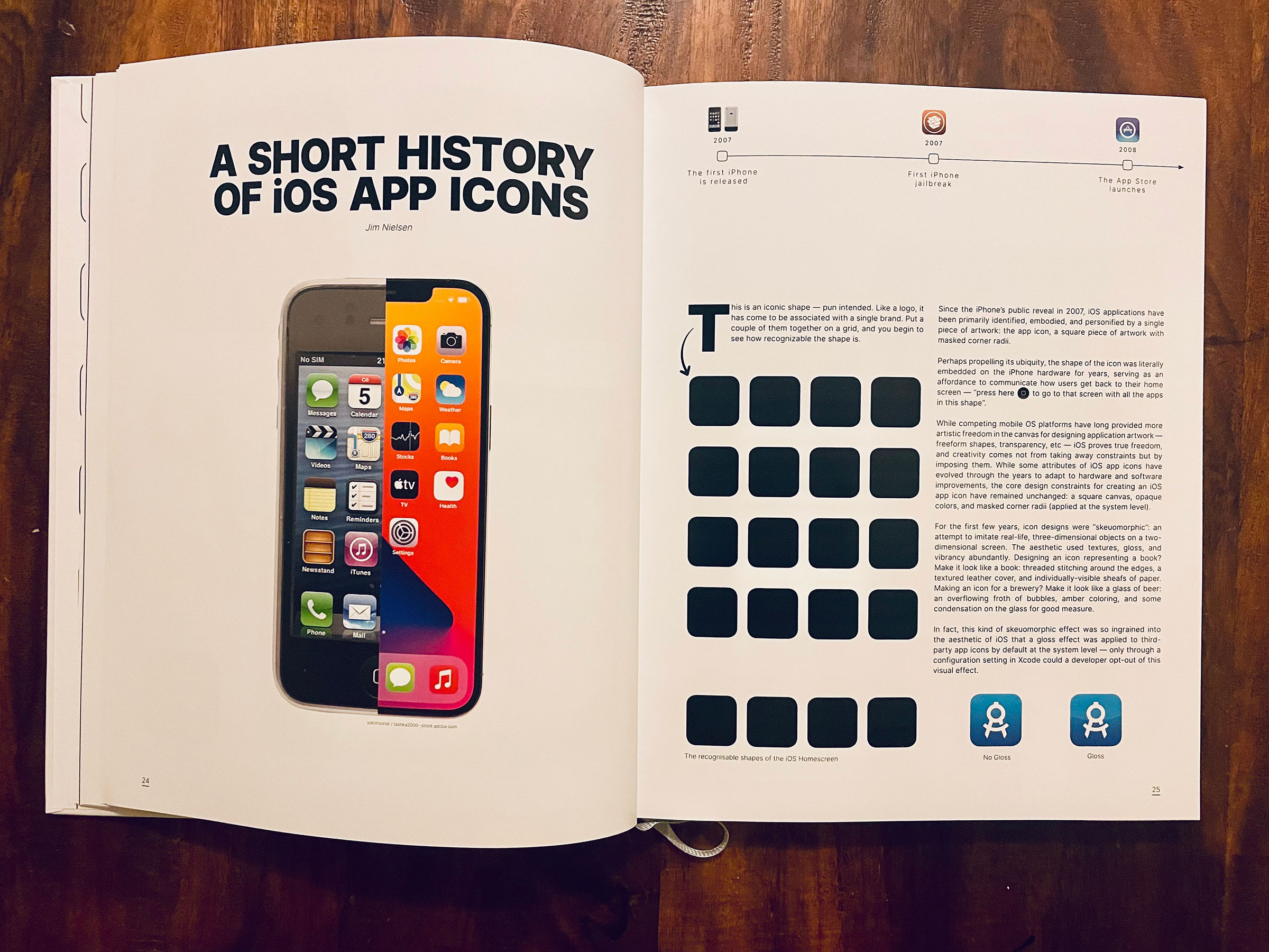Photograph of spread 1 of 2 of the chapter “A Short History of iOS App Icons” from “The iOS App Icon Book”.