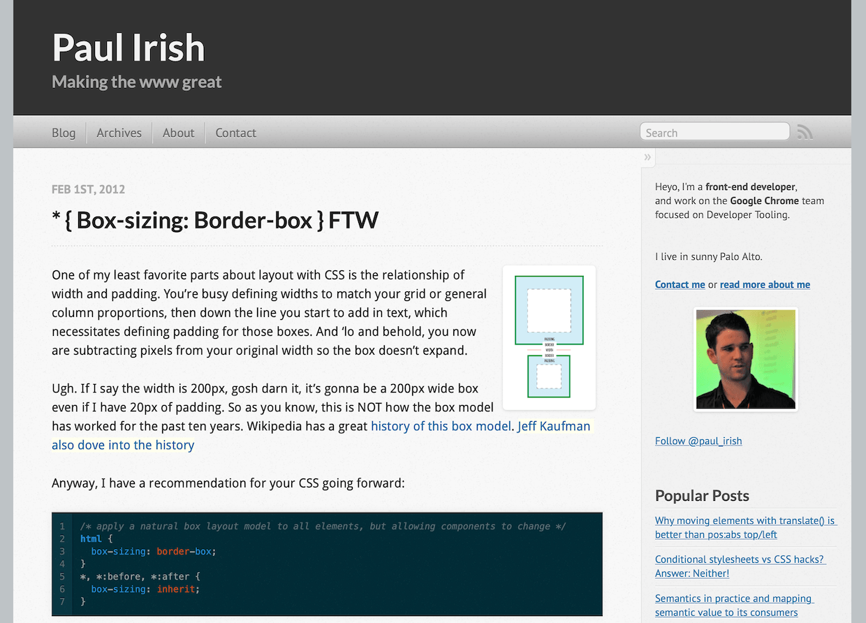 Screenshot of Paul Irish’s website with the `box-sizing: border` box blog post.