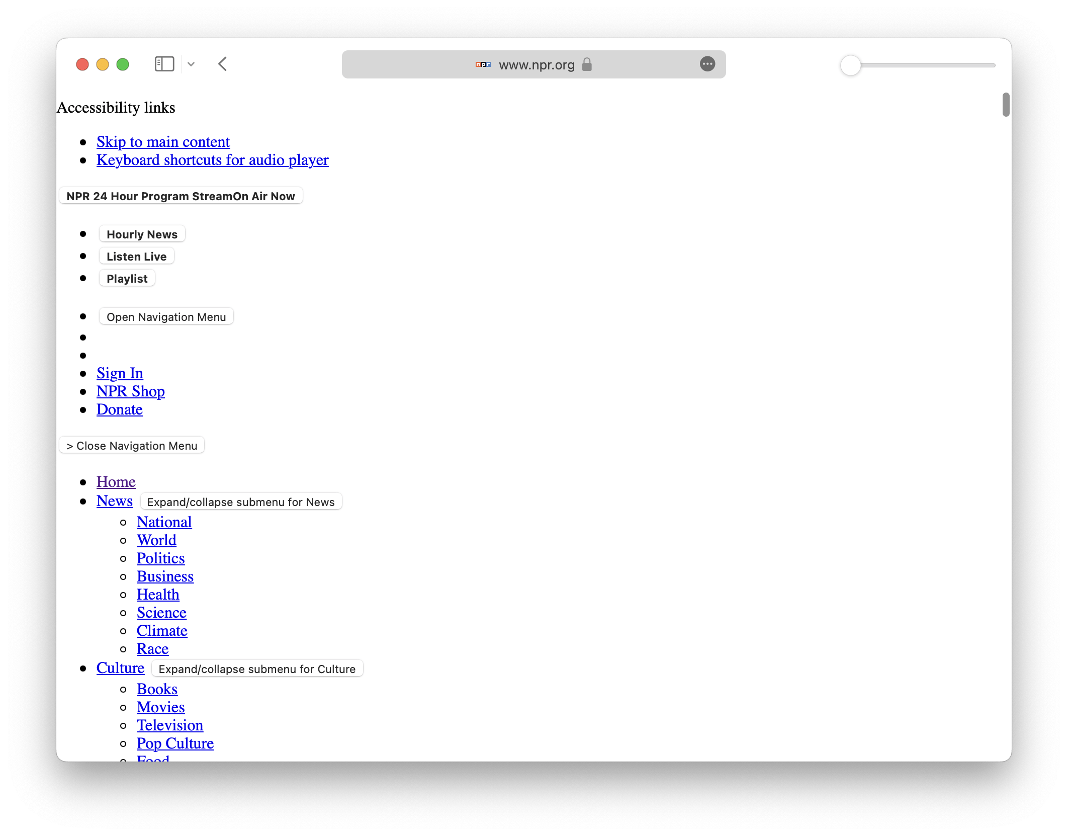 Screenshot of NPRs homepage with styles, scripts, and images stripped out, revealing barebones HTML with default user agent styles.