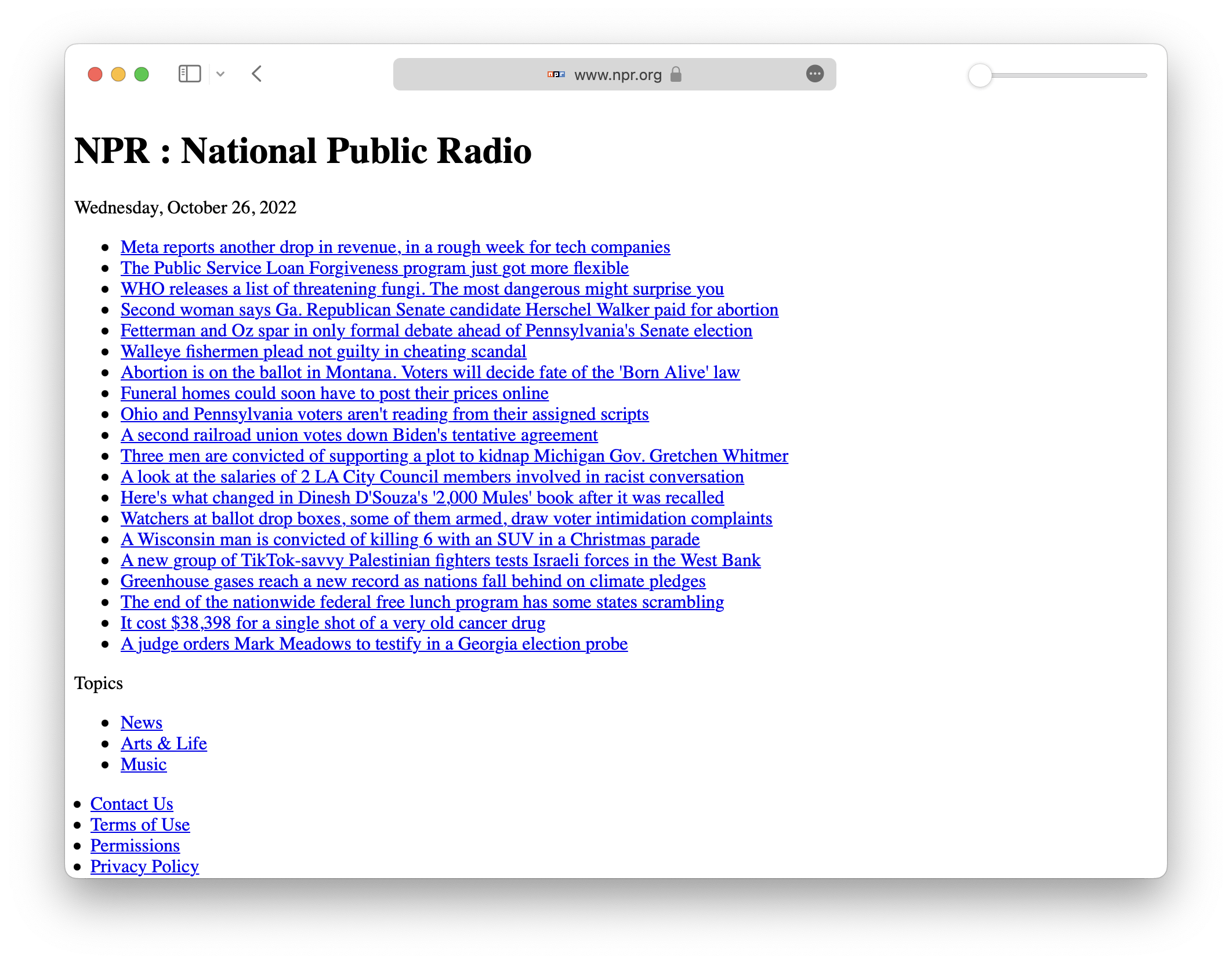 Screenshot of NPRs text-only homepage with no styles or layout, only the default user agent styles are applied.
