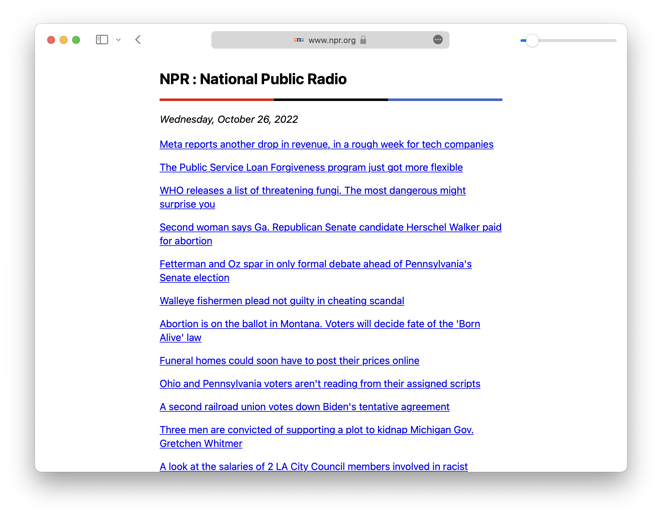 Screenshot of NPRs text-only homepage with styled text and layout.