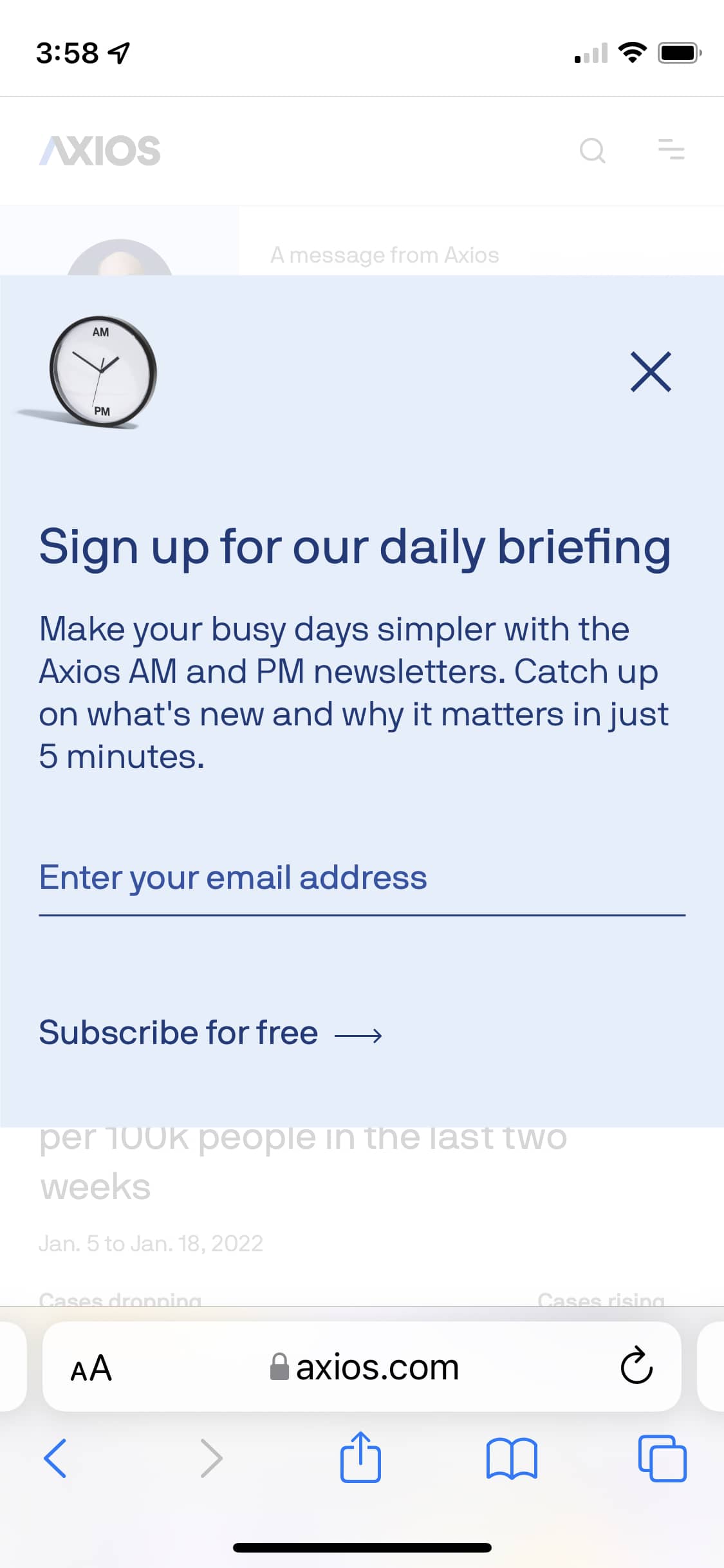 iPhone screenshot with a newsletter signup taking over the entire page.