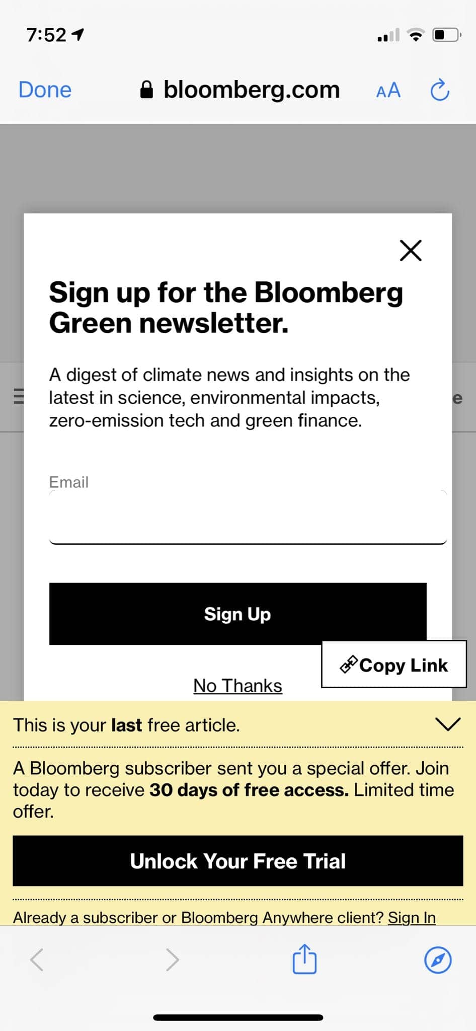 Screenshot of bloomberg.com on a mobile phone with zero content visible. 