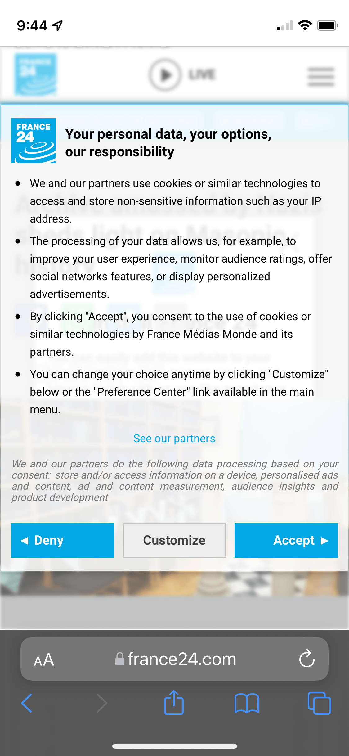 iPhone screenshot with a GDPR privacy acknowledgement taking over the entire page.