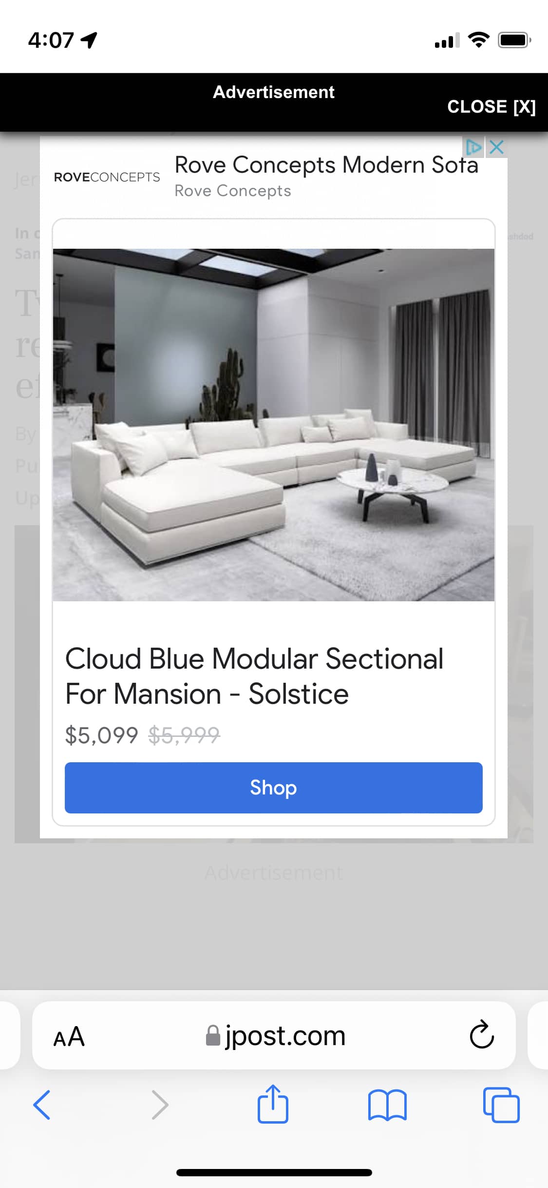 iPhone screenshot with an ad taking over the entire page.