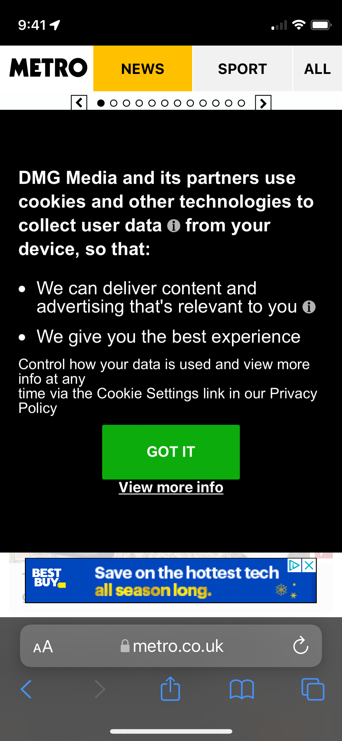 iPhone screenshot with a GDPR privacy acknowledgement taking over the entire page.