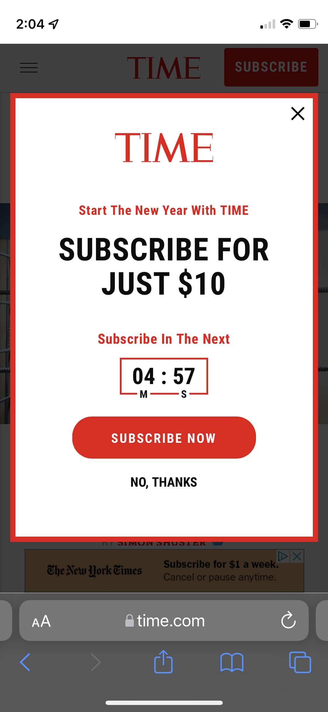 iPhone screenshot with a subscription solicitation taking over the entire page.