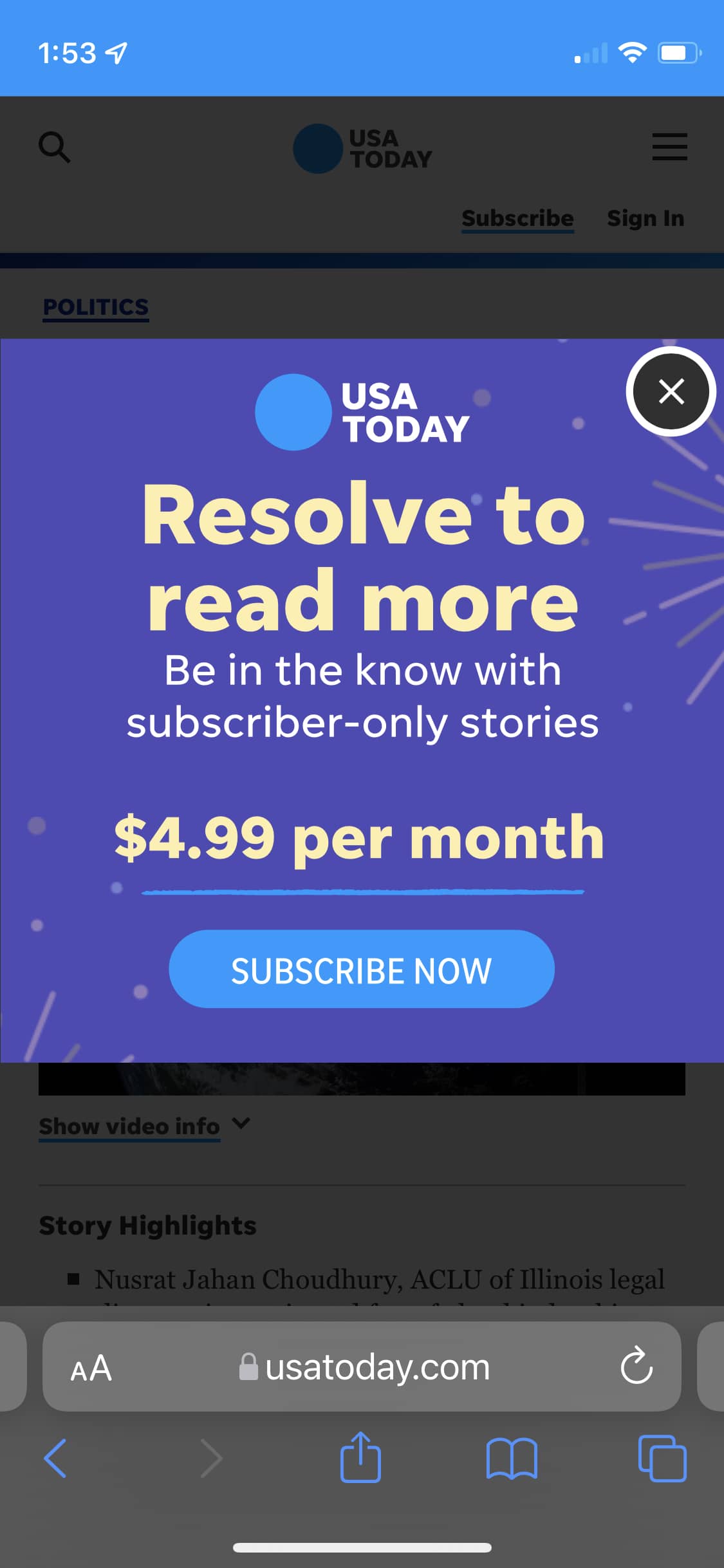 iPhone screenshot with a subscription solicitation taking over the entire page.